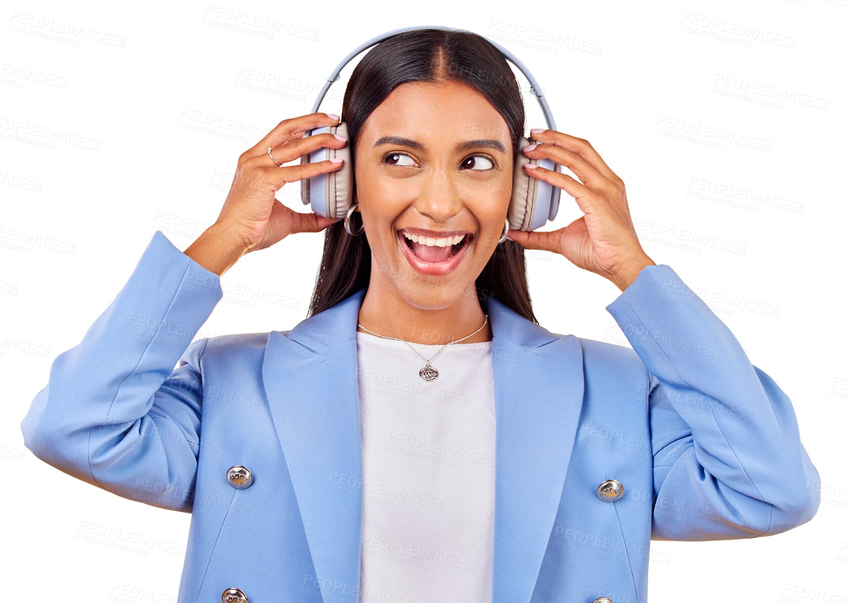 Buy stock photo Isolated business woman, headphones and music with thinking, smile and listen by transparent png background. Excited entrepreneur, audio streaming subscription and happy with ideas, memory or radio