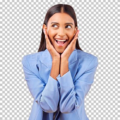 Buy stock photo Happy, business woman and hands on face for surprise isolated on a transparent PNG background. Excited female person, model or employee thinking with big smile for prize, good news or lucky draw