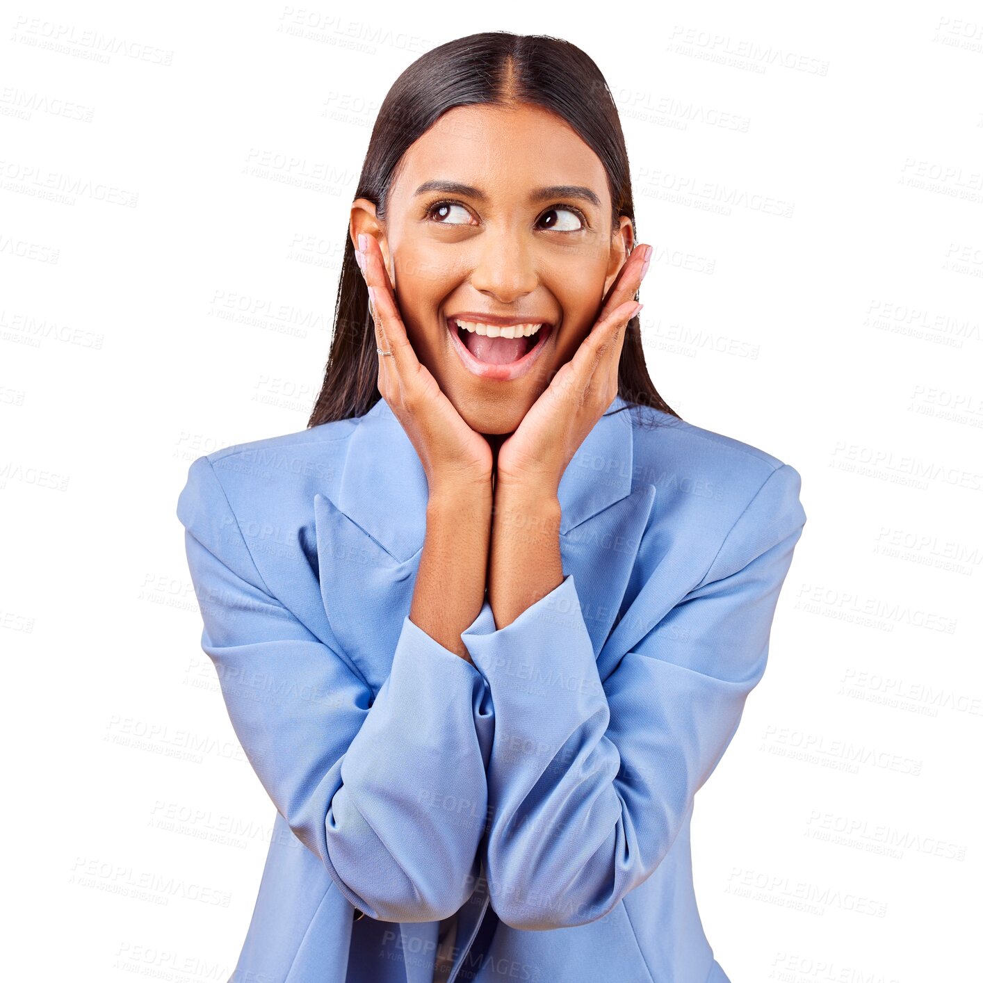 Buy stock photo Happy, business woman and hands on face for surprise isolated on a transparent PNG background. Excited female person, model or employee thinking with big smile for prize, good news or lucky draw