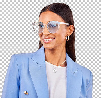 Buy stock photo Smile, face and woman with sunglasses, creative eyewear and isolated on transparent png background. Business, happiness and young professional with modern fashion, trendy cool glasses and eye care.