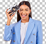 Camera, photography and woman portrait with a smile and wink for