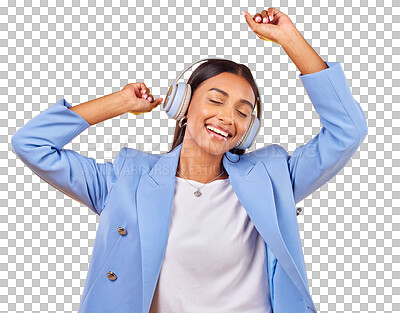 Buy stock photo Dancing to music, headphones and happy woman streaming audio, listen to song and sound. Radio, smile and Indian business person moving with energy or freedom isolated on a transparent png background