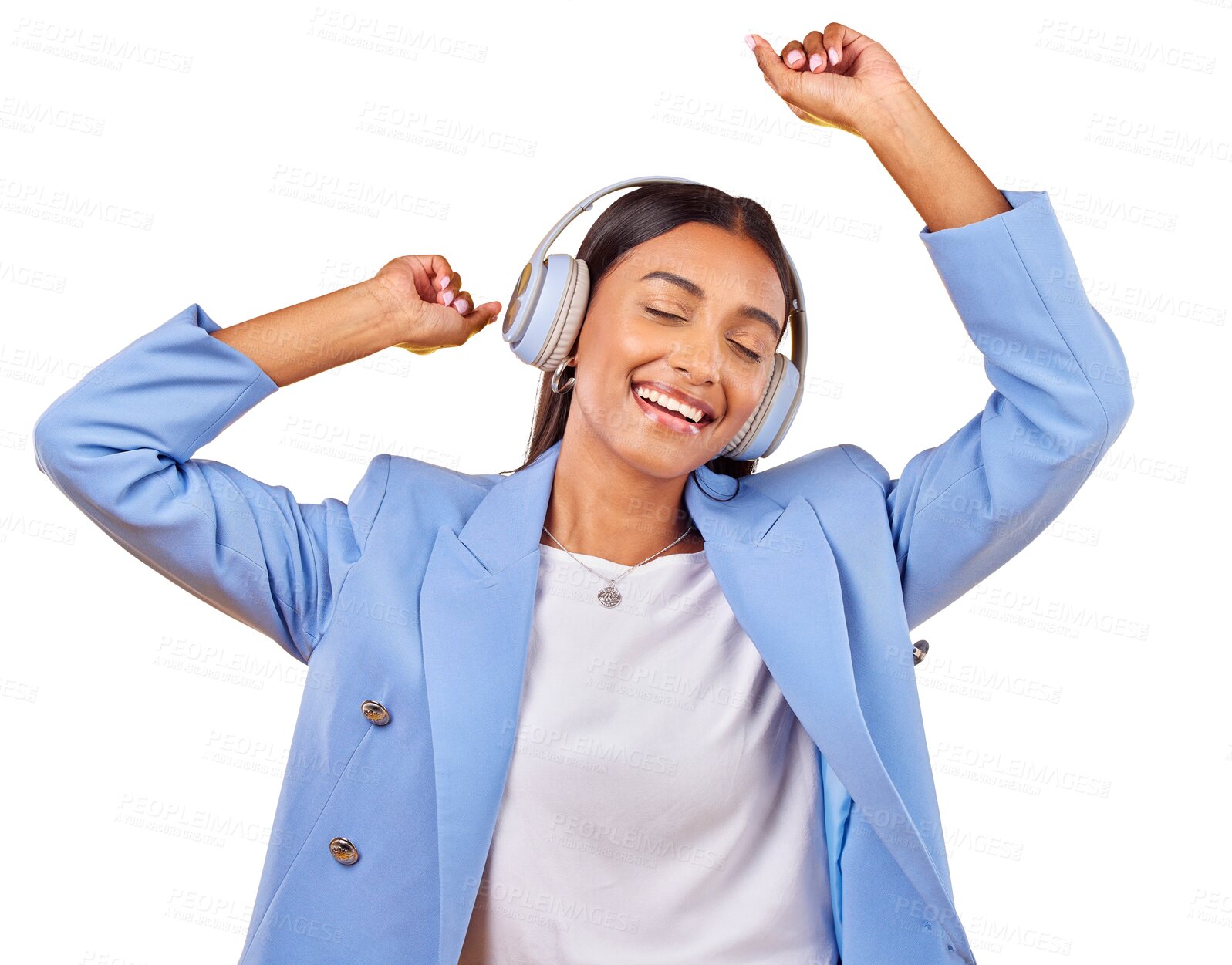 Buy stock photo Dancing to music, headphones and happy woman streaming audio, listen to song and sound. Radio, smile and Indian business person moving with energy or freedom isolated on a transparent png background