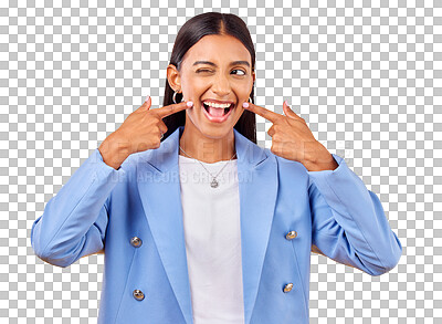 Buy stock photo Fingers on cheek, smile and woman with confidence, funny and positive attitude isolated on a transparent background. Person, model and girl with dimples, silly and goofy with emoji, happiness and png