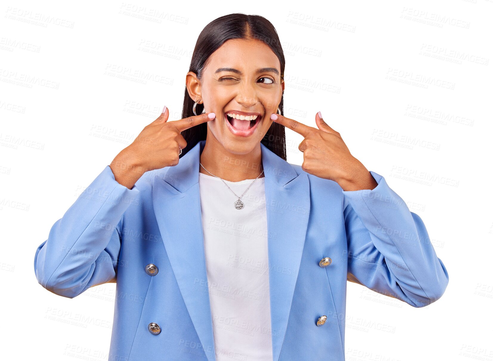 Buy stock photo Fingers on cheek, smile and woman with confidence, funny and positive attitude isolated on a transparent background. Person, model and girl with dimples, silly and goofy with emoji, happiness and png