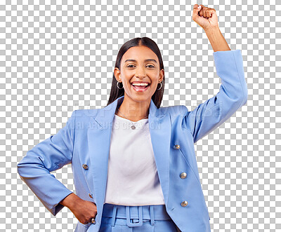 Buy stock photo Isolated business woman, fist celebration and portrait with pride, goal or champion by transparent png background. Entrepreneur, power and emoji with cheers, strong and winner for success in career