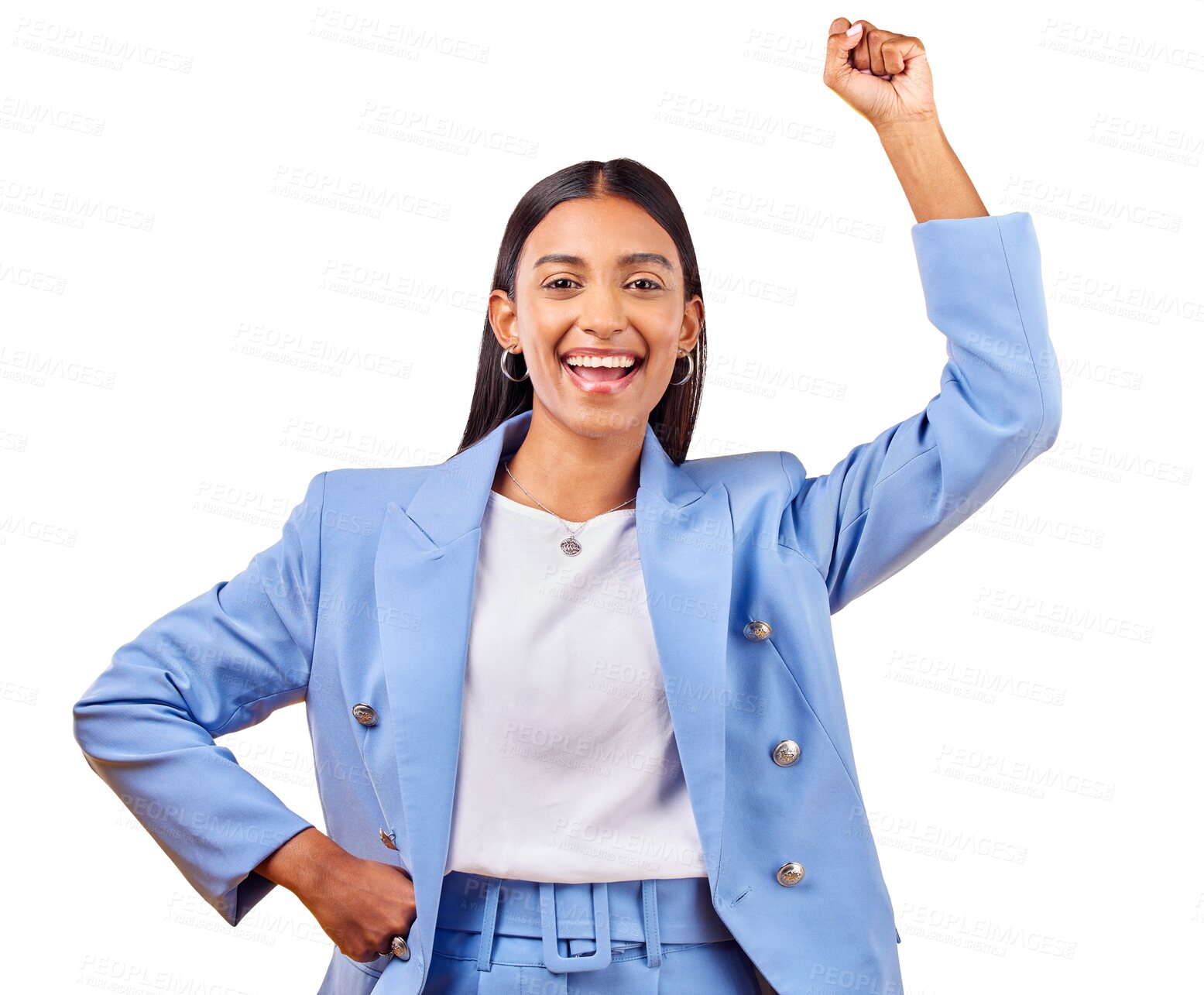 Buy stock photo Isolated business woman, fist celebration and portrait with pride, goal or champion by transparent png background. Entrepreneur, power and emoji with cheers, strong and winner for success in career