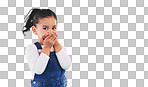 Girl child, cover mouth and studio portrait with mockup space fo