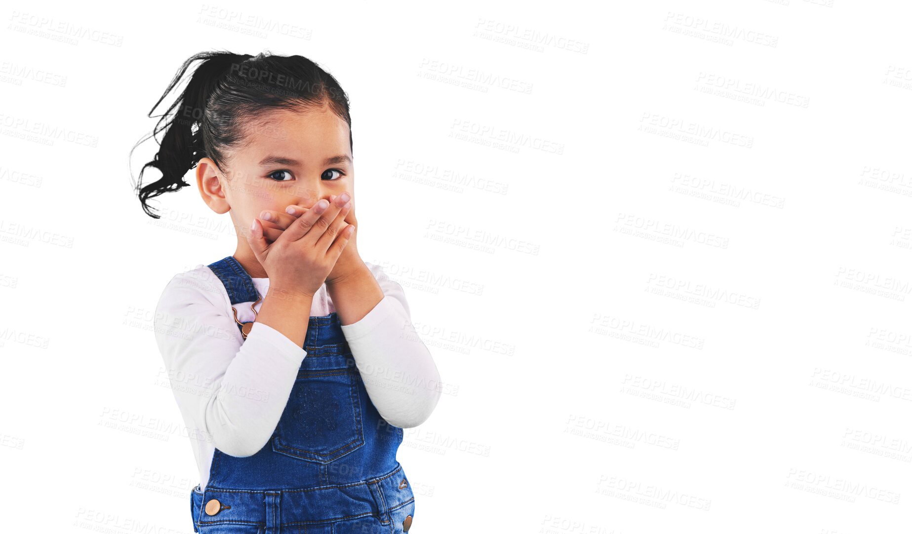 Buy stock photo Girl child, cover mouth and portrait for promotion, secret or sale isolated on png transparent background. Female kid, silence and hands on lips for deal, news and fashion model with information