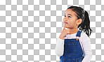 Thinking, child and girl with ideas, solution and question with