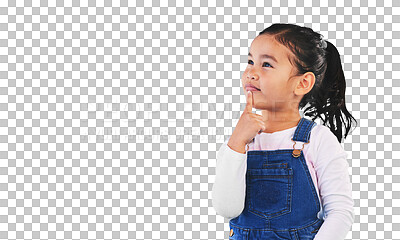 Buy stock photo Thinking, child and girl with idea, decision and problem solving isolated on png transparent background. Happy, kid or model with doubt, planning or inspiration and questions, remember or opportunity