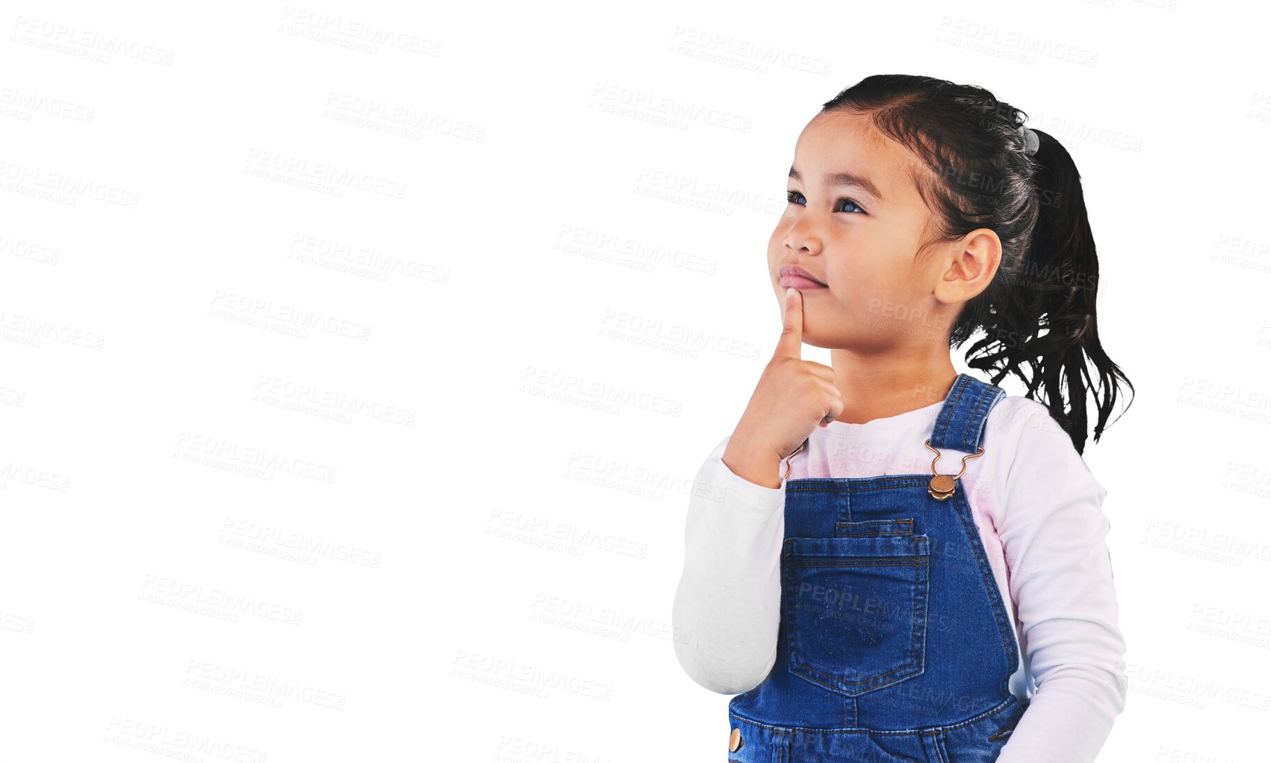 Buy stock photo Thinking, child and girl with idea, decision and problem solving isolated on png transparent background. Happy, kid or model with doubt, planning or inspiration and questions, remember or opportunity