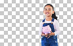 Girl child, piggy bank and studio portrait with mockup space, sa