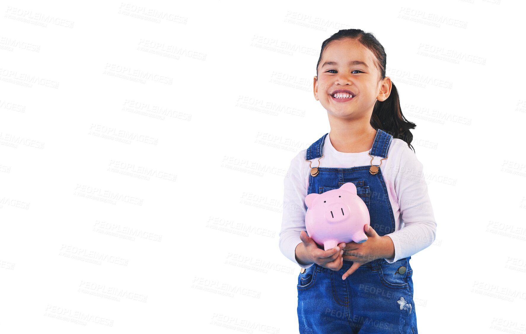 Buy stock photo Child, smile and piggy bank for money, saving and isolated on transparent png background. Happy female person, girl and security for future, investing and cash growth in container, coin and face