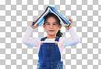 School, head and portrait of child with book for knowledge or le