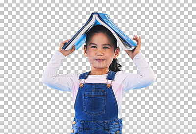 Buy stock photo Isolated girl child, book and head with vision for learning, school or security by transparent png background. Kid, story and sign of home, library or academy for reading, education and knowledge