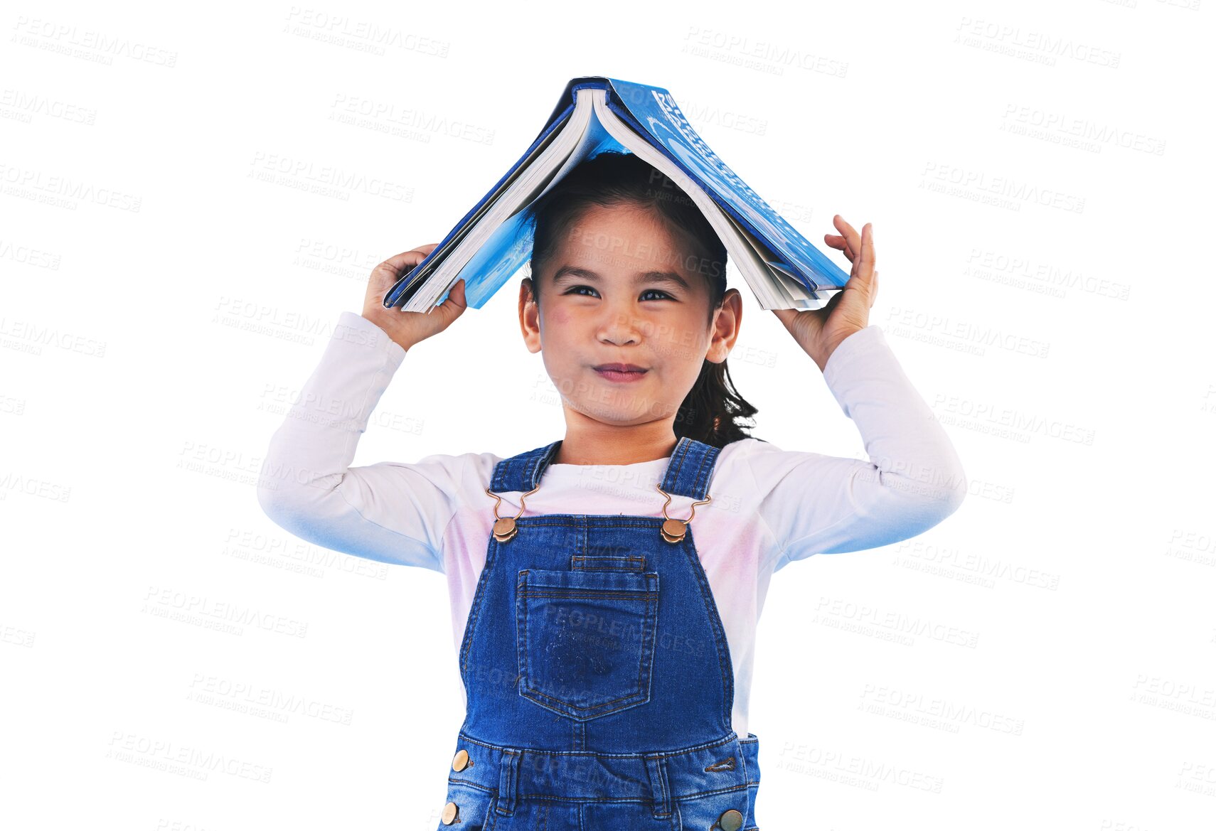 Buy stock photo Isolated girl child, book and head with vision for learning, school or security by transparent png background. Kid, story and sign of home, library or academy for reading, education and knowledge