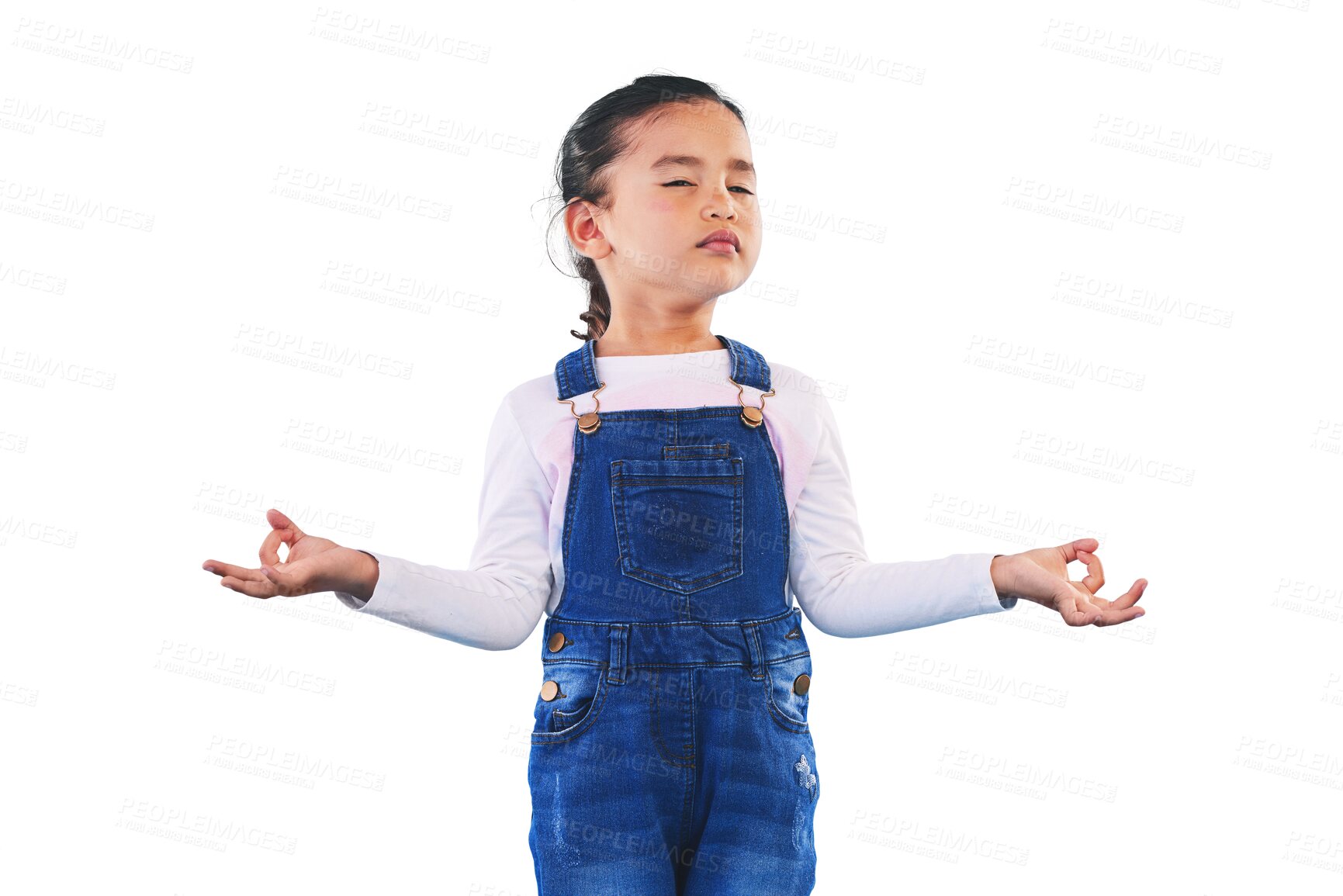 Buy stock photo Girl child, zen and meditation for peace with eyes closed isolated on a transparent PNG background. Female kid, mindfulness and balance chakra for health, breathing and yoga, energy or exercise