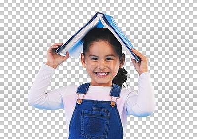 Buy stock photo Isolated girl kid, book and head with portrait for learning, school or security by transparent png background. Child, story and sign of home, library and academy for reading, education and knowledge