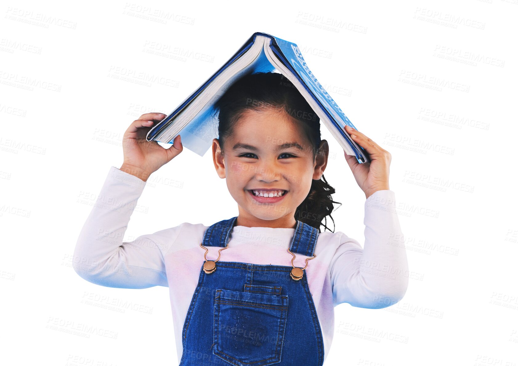 Buy stock photo Isolated girl kid, book and head with portrait for learning, school or security by transparent png background. Child, story and sign of home, library and academy for reading, education and knowledge