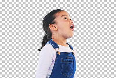 Buy stock photo Shock, wow and girl child screaming or shouting isolated on a transparent PNG background. Face of young female person, youth or kid model yelling in omg, surprise or expression, announcement or alert