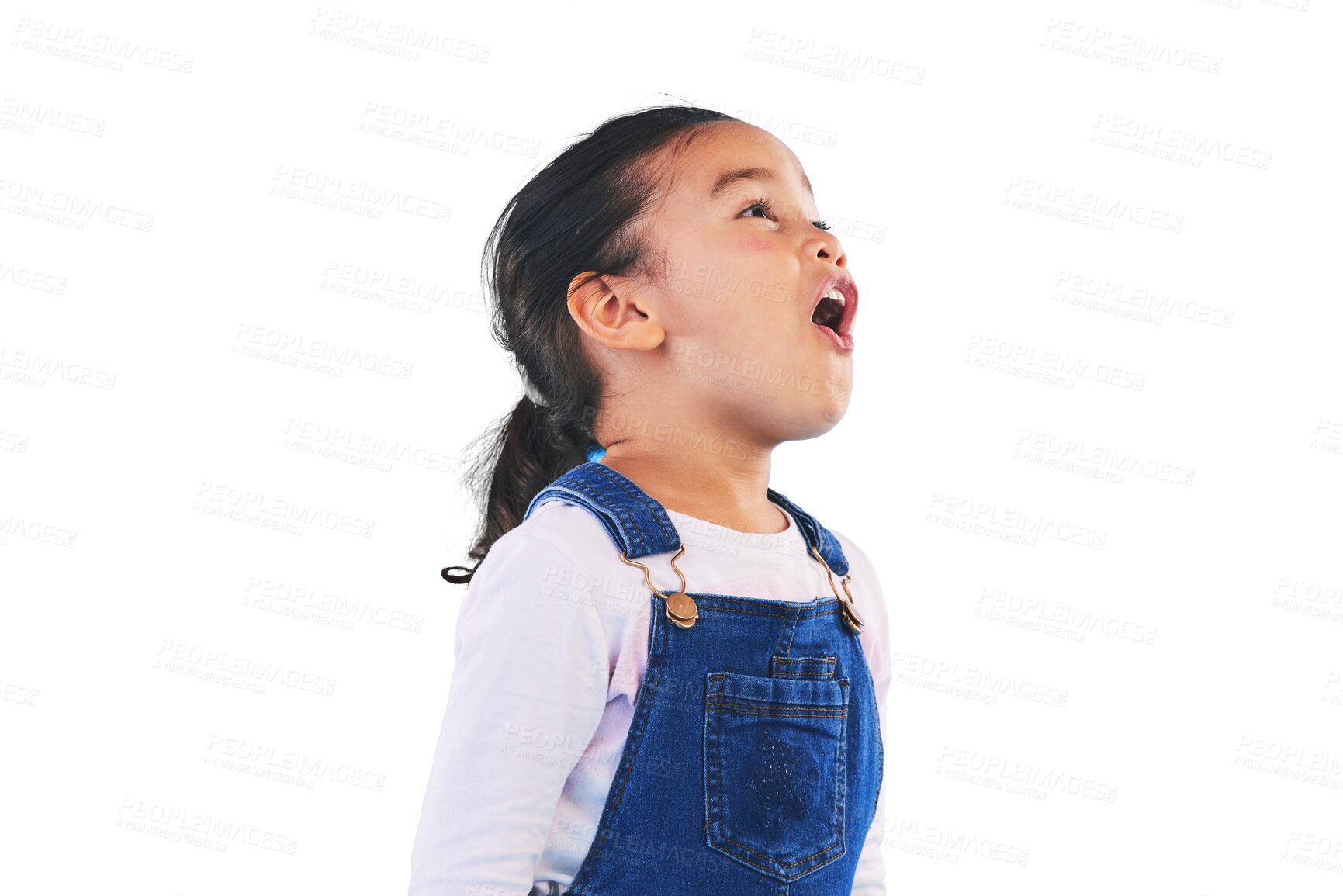 Buy stock photo Shock, wow and girl child screaming or shouting isolated on a transparent PNG background. Face of young female person, youth or kid model yelling in omg, surprise or expression, announcement or alert