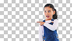 Pointing, blue background and girl with mockup space for sale, a