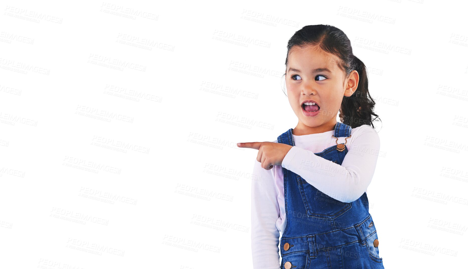 Buy stock photo Wow, surprise and girl child with hand pointing to isolated, transparent or png background. Omg, finger or kid with emoji face for announcement, news or information, promo or shocking gossip or drama