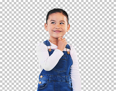 Buy stock photo Thinking, smile and girl child with idea on isolated, transparent and png background. Why, questions and face of happy kid with idea for solution, problem solving or brainstorming, emoji or planning