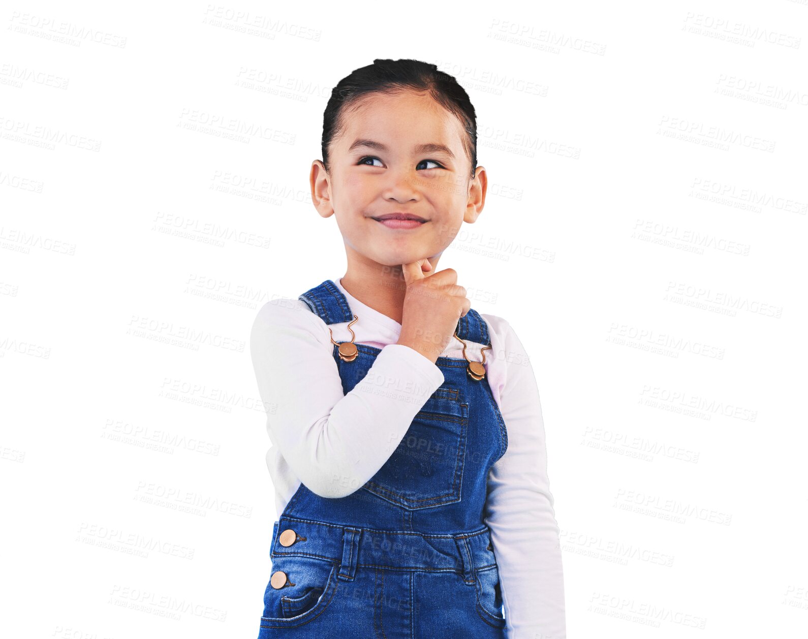 Buy stock photo Thinking, smile and girl child with idea on isolated, transparent and png background. Why, questions and face of happy kid with idea for solution, problem solving or brainstorming, emoji or planning