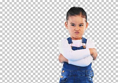 Buy stock photo Tantrum, attitude and face of girl child isolated on png transparent background with upset, mad and frustrated expression. Behaviour, pout and young kid with sadness for anger and facial emotion