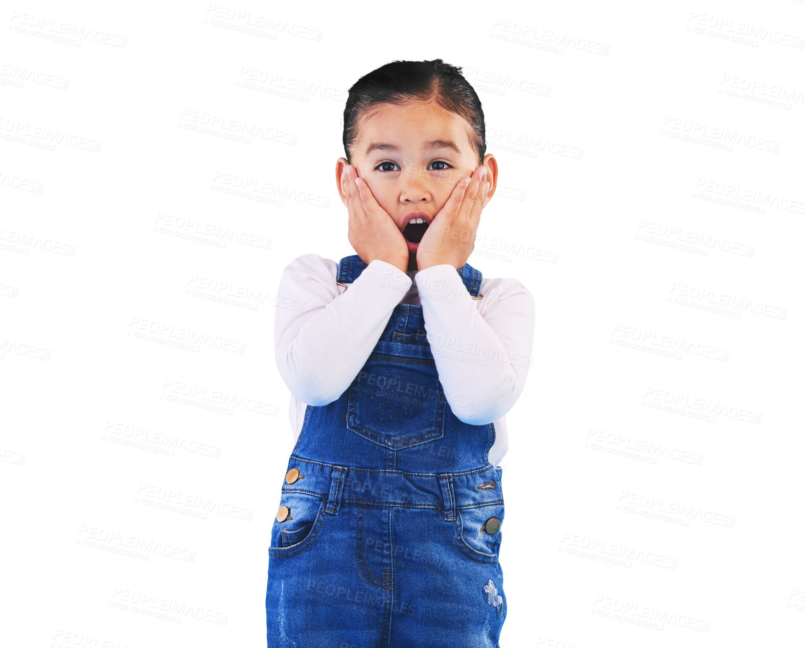 Buy stock photo Shocked, portrait and girl surprise with hands to face in studio with fear and scared from danger. Omg, isolated on transparent png background and young from Hawaii, scary and wow for emoji and kid