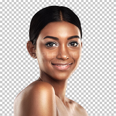 Buy stock photo Portrait, beauty and skincare of happy woman in makeup isolated on a transparent png background. Face of Indian person, cosmetics and spa facial treatment for dermatology, wellness and healthy glow