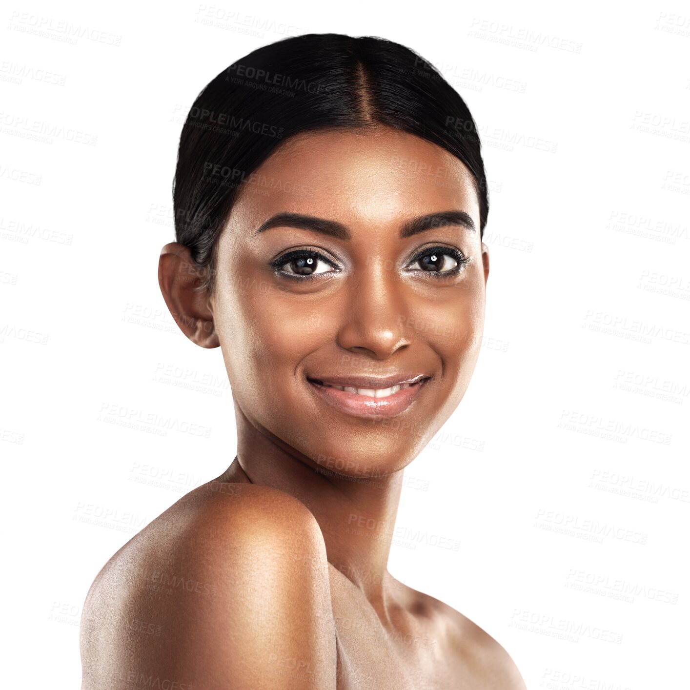 Buy stock photo Portrait, beauty and skincare of happy woman in makeup isolated on a transparent png background. Face of Indian person, cosmetics and spa facial treatment for dermatology, wellness and healthy glow