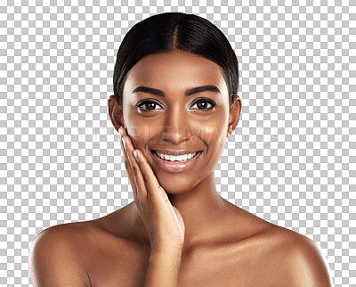 Buy stock photo Touch face, skincare and happy woman with natural beauty isolated on transparent png background. Indian person, portrait and soft hand cosmetics or spa facial for dermatology, wellness or skin health