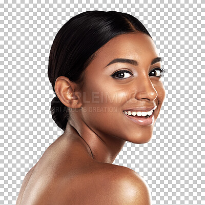 Buy stock photo Portrait, beauty and happy Indian woman with makeup on isolated, transparent or png background. Face, smile and lady model with glowing skin, shine and luxury cosmetics, self care or wellness routine