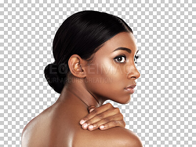 Buy stock photo Beauty, shine and profile of Indian woman with makeup on isolated, transparent or png background. Face, hand and lady model with glowing skin, soft and cosmetics, self care or wellness routine