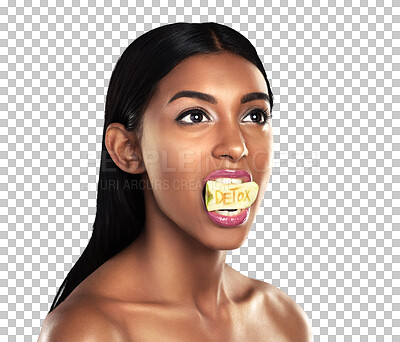 Buy stock photo Detox, fruit and woman with apple in her mouth for beauty isolated on a transparent PNG background. Skincare, food and female model or person with natural organic snack for diet, health and wellness