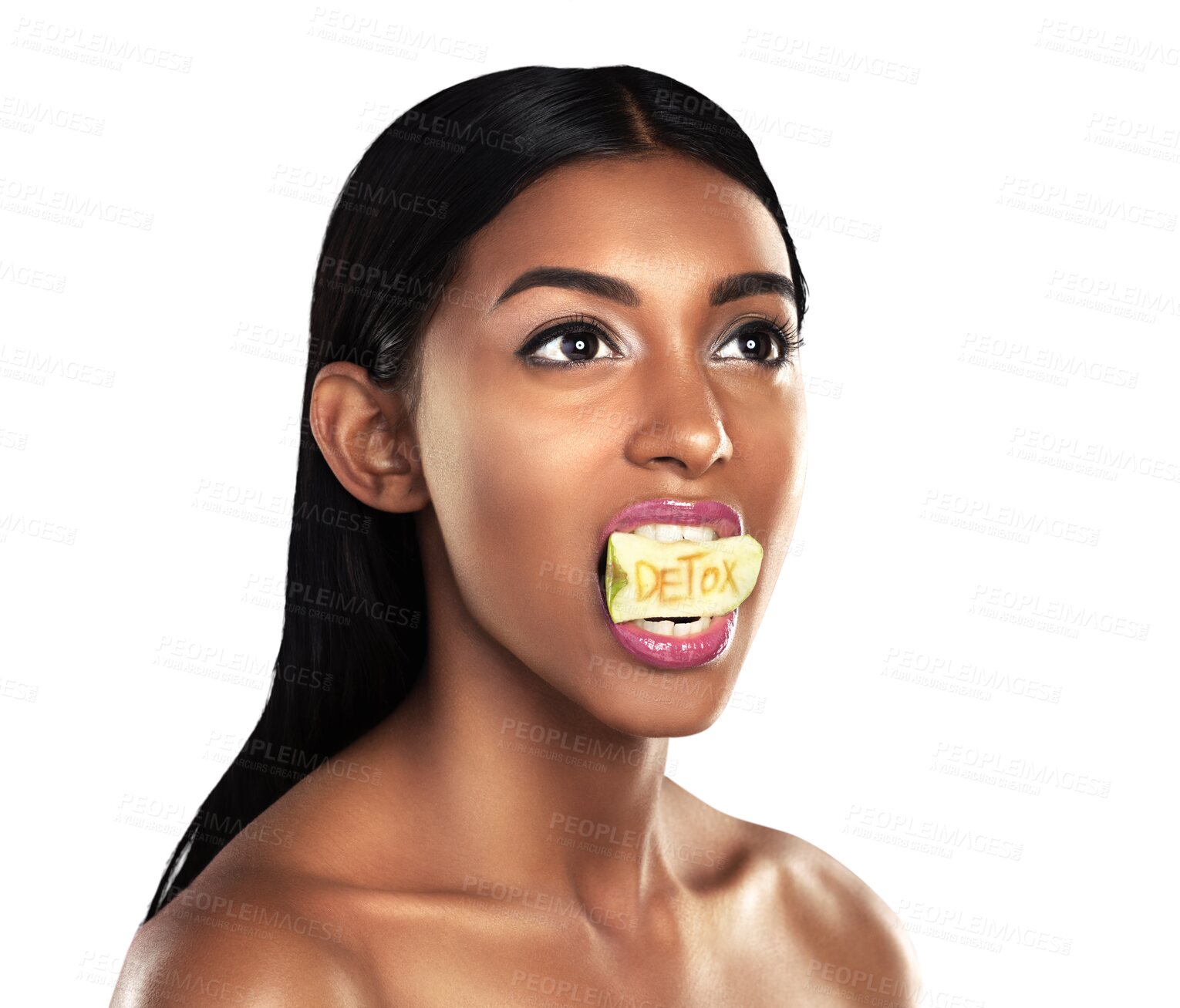 Buy stock photo Detox, fruit and woman with apple in her mouth for beauty isolated on a transparent PNG background. Skincare, food and female model or person with natural organic snack for diet, health and wellness