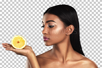 Buy stock photo Lemon, skincare and face of woman for cosmetics on isolated, png and transparent background. Dermatology, salon and natural person with fruit for organic facial care, beauty products and wellness