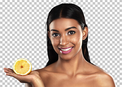 Buy stock photo Lemon, skincare and portrait of happy Indian woman on isolated, png and transparent background. Dermatology, salon and natural person with fruit for healthy cosmetics, beauty products and wellness