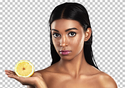 Buy stock photo Lemon, skincare and portrait of woman with fruit on isolated, png and transparent background. Dermatology, salon and natural person with slice for healthy cosmetics, beauty products and wellness