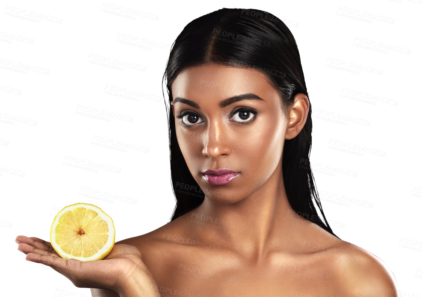 Buy stock photo Lemon, skincare and portrait of woman with fruit on isolated, png and transparent background. Dermatology, salon and natural person with slice for healthy cosmetics, beauty products and wellness