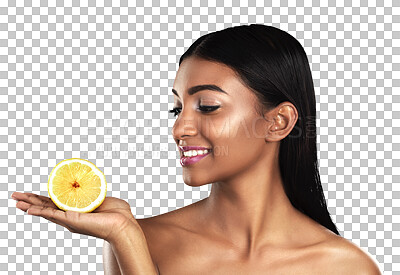 Buy stock photo Skincare, lemon and face of Indian woman with fruit on isolated, png and transparent background. Dermatology, salon and natural person with slice for healthy cosmetics, beauty products and wellness