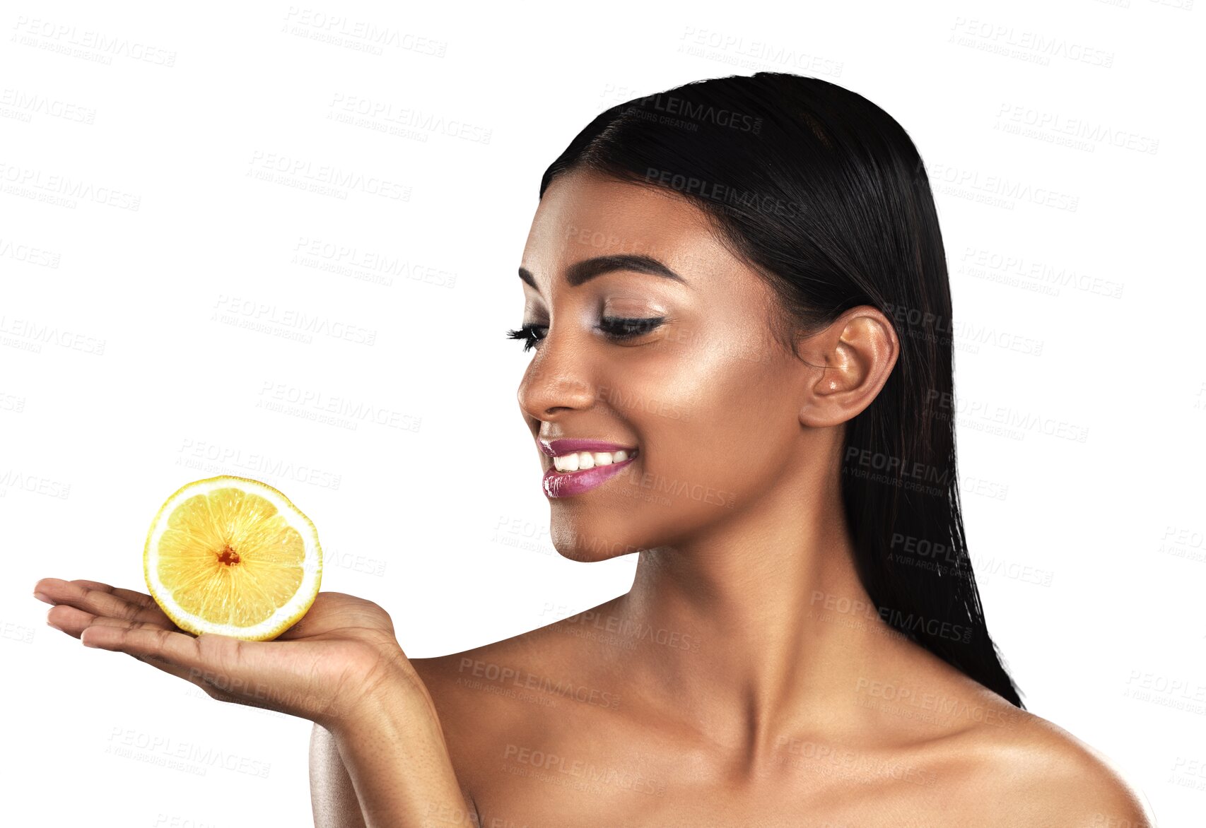 Buy stock photo Skincare, lemon and face of Indian woman with fruit on isolated, png and transparent background. Dermatology, salon and natural person with slice for healthy cosmetics, beauty products and wellness