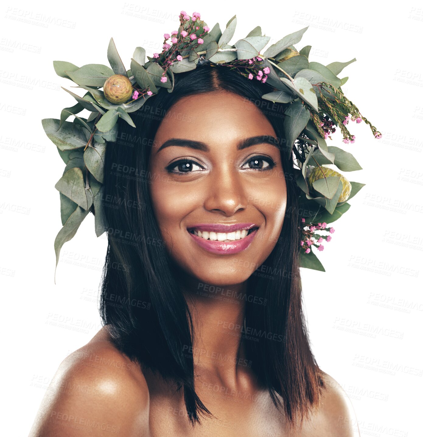 Buy stock photo Happy woman, face and portrait with flower crown in natural beauty isolated on a transparent PNG background. Young female person, Indian or model smile with floral art, nature style or fashion