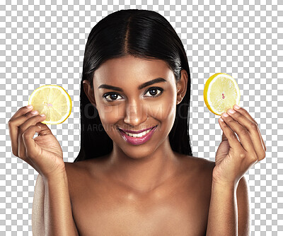 Buy stock photo Skincare, lemon and portrait of Indian woman with fruit on isolated, png and transparent background. Dermatology, natural face and person for healthy cosmetics, organic beauty products and wellness