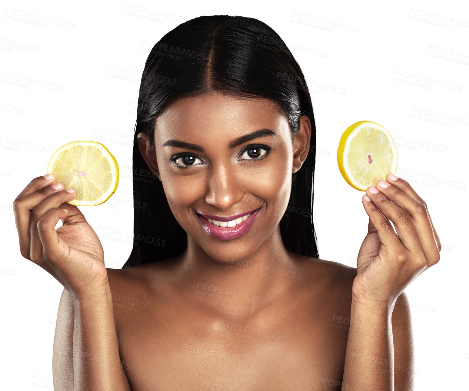 Buy stock photo Skincare, lemon and portrait of Indian woman with fruit on isolated, png and transparent background. Dermatology, natural face and person for healthy cosmetics, organic beauty products and wellness