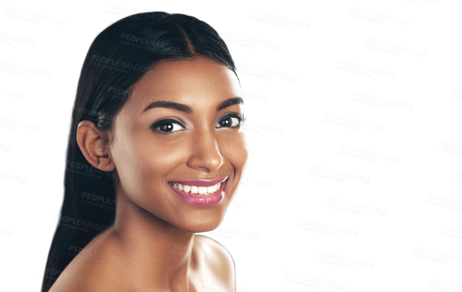 Buy stock photo Makeup, portrait and happy Indian woman with glowing skin on isolated, transparent and png background. Face, smile and lady wellness model with cosmetology, results or cosmetic treatment satisfaction