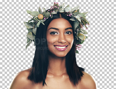 Buy stock photo Flower, crown and portrait of happy woman with skincare, glow or aesthetic on isolated, transparent or png background. Leaf, plant and face of Indian female model with natural cosmetics and wellness 